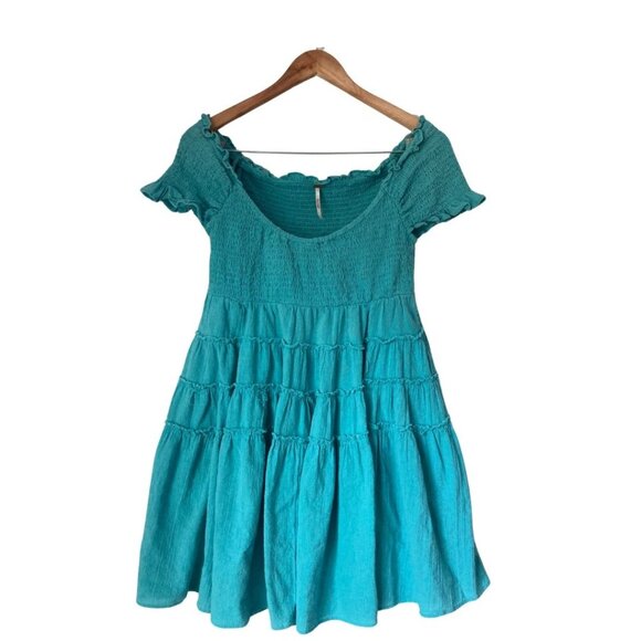 Free People 2021 Blue Off-Shoulder Ruffle Mini Dress Size M - Picture 1 of 6